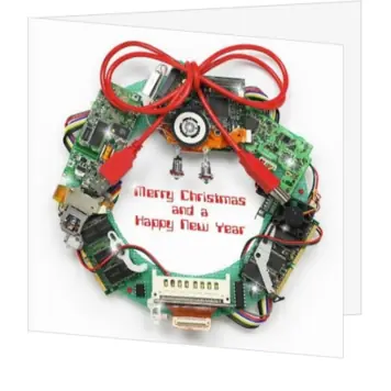 Kerstkaart met kerstkrans van elektronica
