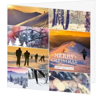 Kerstkaart met winterse fotocollage in warme kleuren