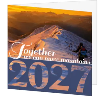 kerstkaart 2027 met berglandschap en inspirerende tekst