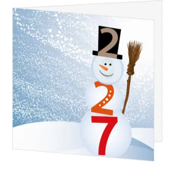kerstkaart sneeuwpop 2027 in blauwe wintersfeer