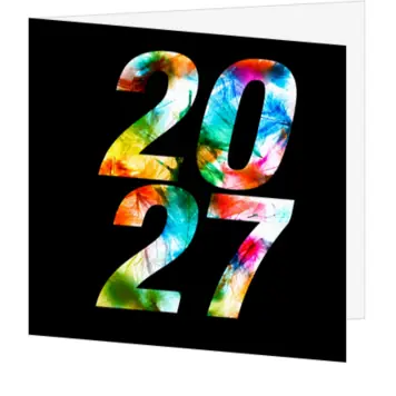 kerstkaart met jaartal 2027 in kleurrijk design