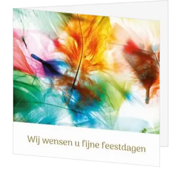 Kerstkaart met kleurrijke veren en fijne feestdagen