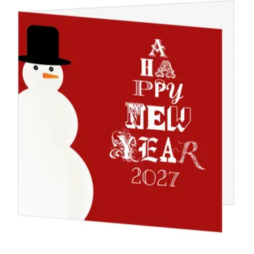 kerstkaart met sneeuwpop en Happy New Year 2027