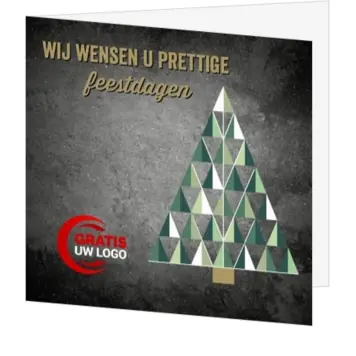Kerstkaart met grafische kerstboom op donkere achtergrond