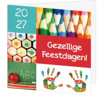 Kerstkaart met kleurrijke schoolbeelden en 2027