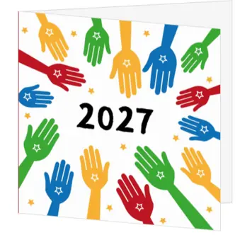 kerstkaart 2027 met kleurrijke handen
