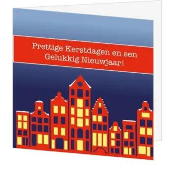 kerstkaart met grachtenpanden in rood en blauw