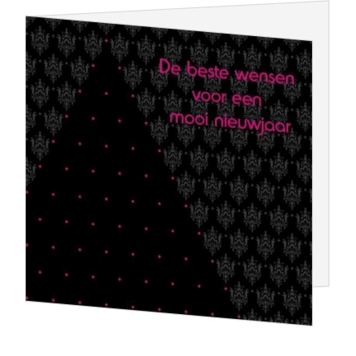 Kerstkaart met zwarte kerstboom en nieuwjaarswens