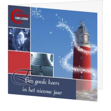 Maritieme kerstkaart met vuurtoren en nieuwjaarswens