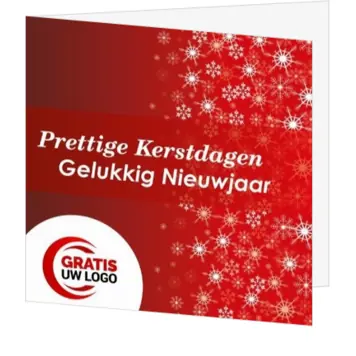 kerstkaart met rode sneeuwvlokken en logo op voorzijde