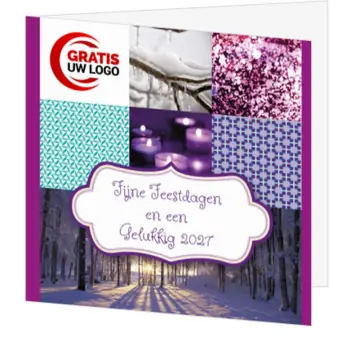 kerstkaart in paars met wintercollage en jaartal 2027