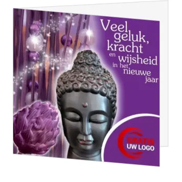 kerstkaart met boeddhabeeld in paars en roze tinten