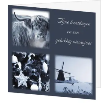 Blauwe kerstkaart met winterse fotocollage