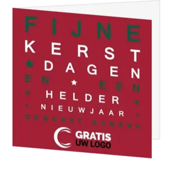 kerstkaart met typografische kerstgroet en logo op rode voorzijde