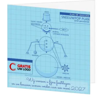 Kerstkaart met bouwtekening van sneeuwpop