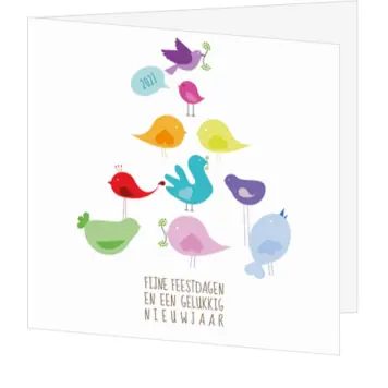 kerstkaart met kleurrijke vogels en nieuwjaarswens