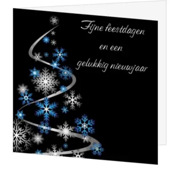 Kerstkaart met blauwe sneeuwvlokken en kerstboom