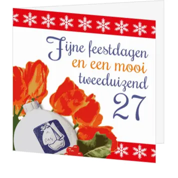 Kerstkaart met tulpen, sneeuwvlokken en jaartal 2027
