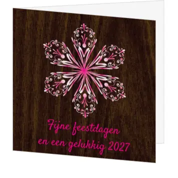 kerstkaart met roze sneeuwvlok op hout 2027