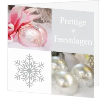 kerstkaart met roze en zilveren kerstballen