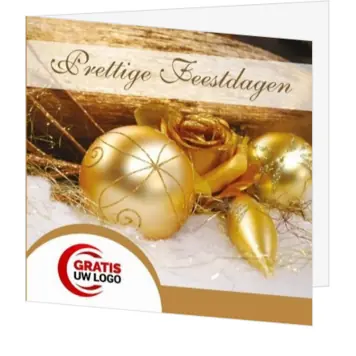 kerstkaart met gouden kerstballen en feestelijke uitstraling