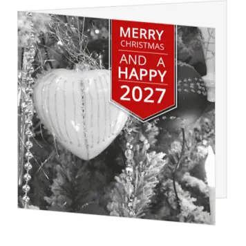 kerstkaart met kerstboom, rood vlak en jaartal 2027