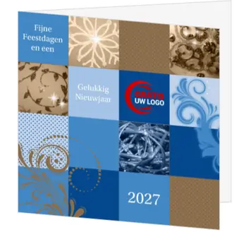 kerstkaart in blauw met goud en 2027