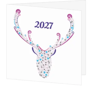 kerstkaart met rendiergewei en 2027 in paars en roze