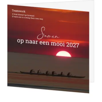 kerstkaart met roeiers bij rode zonsondergang 2027