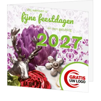 Kerstkaart met rendier, bloemen en 2027