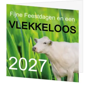 kerstkaart met koe in groen riet en 2027