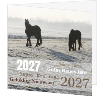 kerstkaart met paarden in winters landschap 2027