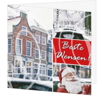 Kerstkaart met winterse Amsterdamse grachten en kerstman