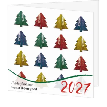 kerstkaart met kleurrijke kerstbomen en 2027