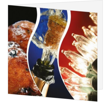 Feestelijke kerstkaart met oliebol, champagne en lichtjes