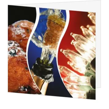 feestelijke kerstkaart met oliebol, champagne en lichtjes
