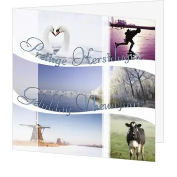 Kerstkaart met winterse fotocollage en typisch Hollands landschap