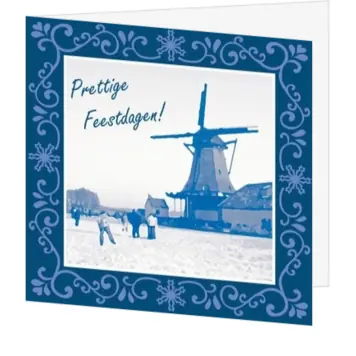 Kerstkaart met blauwe winterse molenillustratie