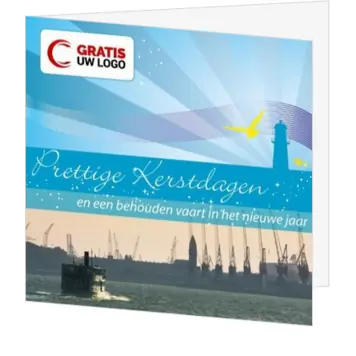 Maritieme kerstkaart met vuurtoren en blauwe horizon