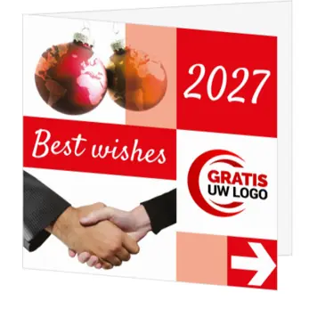 Kerstkaart met kerstballen, 2027 en handdruk