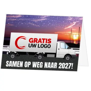 kerstkaart met vrachtwagen en logo in avondlucht
