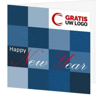 Blauwe kerstkaart met Happy New Year en eigen logo