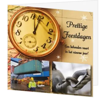 Kerstkaart met klok, transport en maritieme details