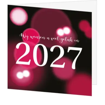 kerstkaart met roze lichtbollen en jaartal 2027