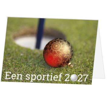 Kerstkaart met golfbal en kerstbal 2027