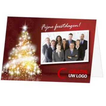 kerstkaart met foto, kerstboom en logo op voorzijde