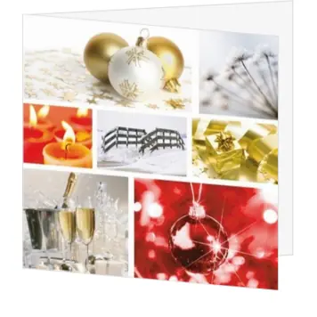Kerstkaart collage in rood, goud en winterse sfeer