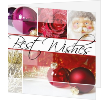 Kerstkaart met rode kerstballen en Best Wishes