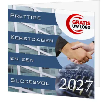 Blauwe kerstkaart met modern kantoorgebouw en 2027