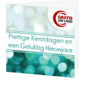 kerstkaart met blauwe en groene lichtbollen